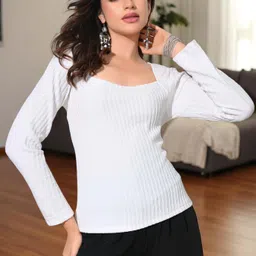 CORSICA Women Solid Square Neck Bell Sleeve Ribbed Top-image-69