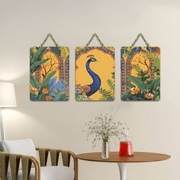 ArtVibes Yellow & Green 3 Pieces Peacock Printed Wooden Wall Hanging Decors-image-59