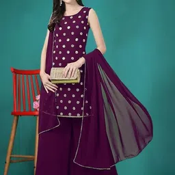 PARROT CREATION Geometric Embroidered Sequinned Georgette Kurti with Sharara And Dupatta-picture-29