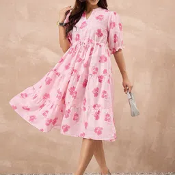 all about you Floral Print Puff Sleeves Fit And Flare Midi Dress-image-73