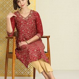 House of Pataudi Women Maroon & Gold-Toned Ethnic Motifs Embroidered Jashn Kurta-24