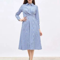 Styli Light Blue Cotton Regular Fit Striped Dress-image-22