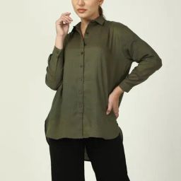 Saltpetre Elegant LInen Olive Shirt with Black Wide leg Trousers Co-ord Set-image-10