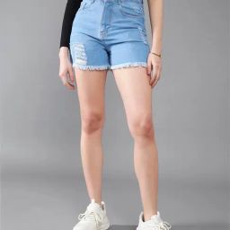 DOLCE CRUDO Blue Denim Distressed Mid Rise Shorts-picture-8