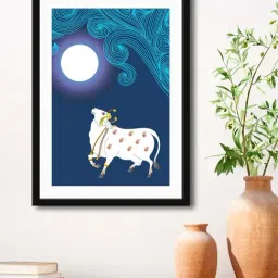 999Store Navy Blue & White MDF Cow and Moon Printed Paper Wall Painting - Set of 1-20
