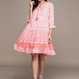 Ishin Pink Cotton Printed A-Line Dress-image-31