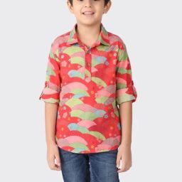 Fabindia Kids Red & Green Cotton Printed Kurta-image-80