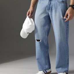FCUK Men Smart Mid-Rise Low Distress Light Fade Baggy Pure Cotton Jeans-picture-3