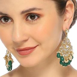 OOMPH Green Beads & Kundan Ethnic Chand Bali Earrings image 2