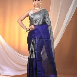 CHARUKRITI Grey & Blue Blended Solid Saree With Unstitched Blouse-picture-38