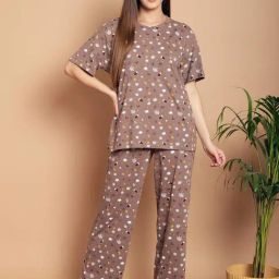 Kanvin Brown Cotton Printed Top Pyjamas Set-image-81