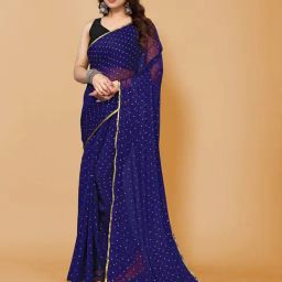 FABMORA Dark Blue Chiffon Embellished Saree With Unstitched Blouse-image-38