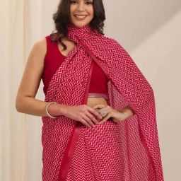 Libas Red Chevron Pattern Saree with Unstitched Blouse image 4