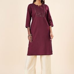RANGMANCH BY PANTALOONS Thread Work Notch Neck Pure Cotton Straight Kurta-image-95