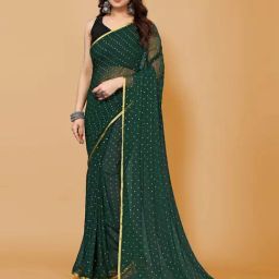 FABMORA Dark Green Chiffon Embellished Saree With Unstitched Blouse-picture-12