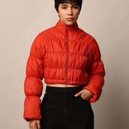 Only Orange Cropped Puffer Jacket-image-1