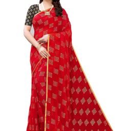 FABMORA Red Chiffon Printed Saree With Unstitched Blouse-picture-4