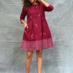 Chidiyaa Maroon Soil Honeydew Petals Blockprinted Cotton Dress-image-7
