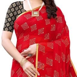 FABMORA Red Chiffon Printed Saree With Unstitched Blouse image 4