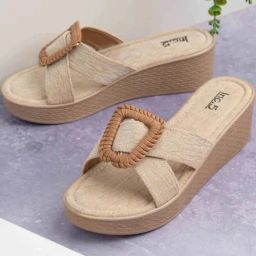 Inc.5 Women's Beige Cross Strap Wedges-image-4