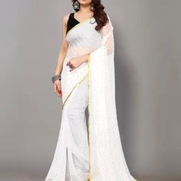FABMORA White Chiffon Embellished Saree With Unstitched Blouse-picture-25