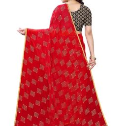 FABMORA Red Chiffon Printed Saree With Unstitched Blouse image 2
