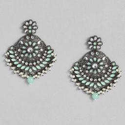 I Jewels Sea Green & White Oxidized Silver Plated Kundan & Stone Studded Chandbali-17