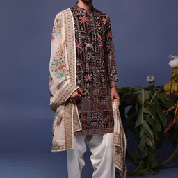KALPRAAG Embroidered Mandarin Collar Straight Thread Work Kurta With Patiala And Dupatta-image-81