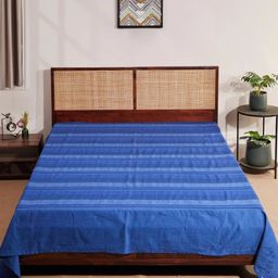 Fabindia Tarana Blue & Navy Blue Striped Cotton 120 TC Double Bed-Queen Bed Cover-image-126