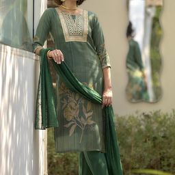 ZIRVI Women Yoke Design Regular Kurta with Trousers & With Dupatta image 4