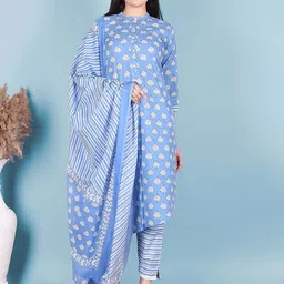 Indiwest Women Floral Printed Cotton Kurta with Trousers & Dupatta-12