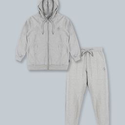 Kiddopanti Full Sleeves Logo Printed Front Zipper Hooded Sweatshirt & Track Pants Set - Melange Grey-picture-25
