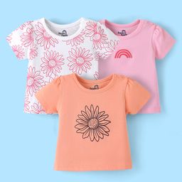 Doodle Poodle 100% Cotton Half Sleeves Floral Printed T-Shirt Pack of 3 - Pink White & Orange-image-28