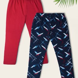 Nino Togs  Pack Of 2 Solid And Abstract Printed Bio Washed Leggings - Red  & Navy Blue-image-30