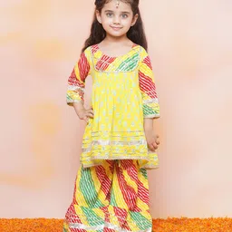 AJ Dezines Three Fourth Sleeves Ikat Motif & Leheriya Designed With Gota Lace Embellished Coordinating Kurta & Sharara Set - Red Green & Yellow-picture-5