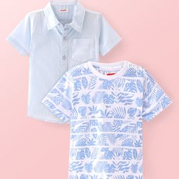 Babyhug Cotton Woven Half Sleeves   Solid Shirt with T-Shirt Leaf Print - Blue-image-78