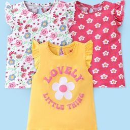 Babyhug Cotton Knit Frill Sleeves T-Shirt Floral Print- White Yellow & Pink-image-27