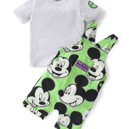 Babyhug Disney Cotton Knit Dungaree With Half Sleeves T- Shirt And Mickey Mouse Print - Green-image-107