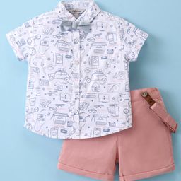 ToffyHouse Poplin Woven Half Sleeves Car Printed Shirt & Shorts Set with Bow & Suspender - Peach & White-image-68