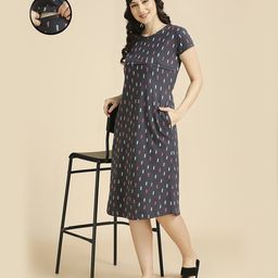 MomToBe Full Sleeves Abstract  Printed Maternity Dress With Concealed Zipper Nursing Access - Grey-image-70