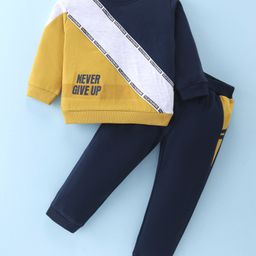 ToffyHouse 100% Cotton Knit Full Sleeves Color Block T-Shirt & Lounge Pants Set With Text Print - Multicolor-61