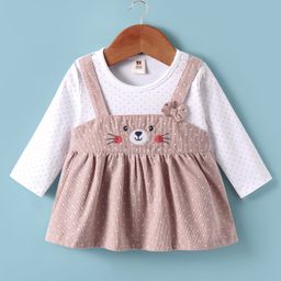 ToffyHouse Cotton Knit Full Sleeves Polka Dot Printed Frock With Bow Applique - Dark Peach-image-12