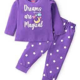 Babyhug Cotton Knit Full Sleeves Night Suit with Star & Text Print - Violet-image-73