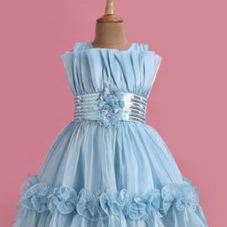 Enfance Sleeveless Sequin Embellished & Floral Applique Flared Dress - Ferozi Blue-image-13