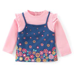 Babyhug Cotton Knit Full Sleeves Top with Floral Print & Frill Detailing - Pink & Blue-image-86