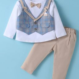 ToffyHouse Knit Full Sleeves Checks T-Shirt & Trouser Set With Attached Waistcoat & Bow Applique - White Blue & Tan-image-15