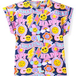 Babyhug Cotton Knit Cap Sleeves T-Shirt With Floral Print - Navy Blue-image-39