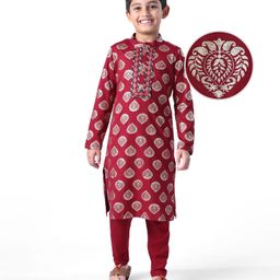 EARTHY TOUCH Single Jersey Knit Full Sleeves Kurta & Pajama Set Foil Print - Maroon-image-77