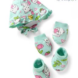 Babyoye Eco Conscious 100% Cotton Knit Cap Mittens & Booties Set with Kitty Pint Light Green - Diameter 11 cm-picture-27