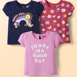 Babyhug Cotton Knit Half Sleeves T-Shirts with Floral Text & Rainbow Print Pack of 3 - Pink Red & Navy Blue-image-54